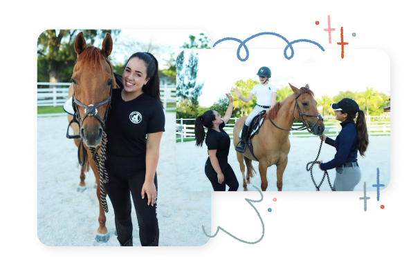 A collage of two images. The first image is Liz smiling and posing next to one of the therapy horses. The second image is Liz and another therapist conducting an equine therapy session with a young patient riding a therapy horse. 