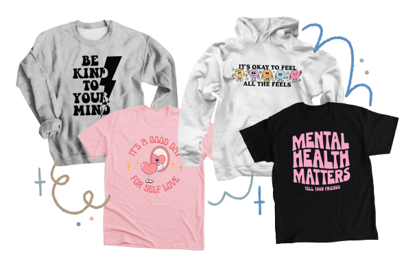 Four clothing items that showcase different designs available for purchase in The Full Circle Therapy Foundation Bonfire store. 